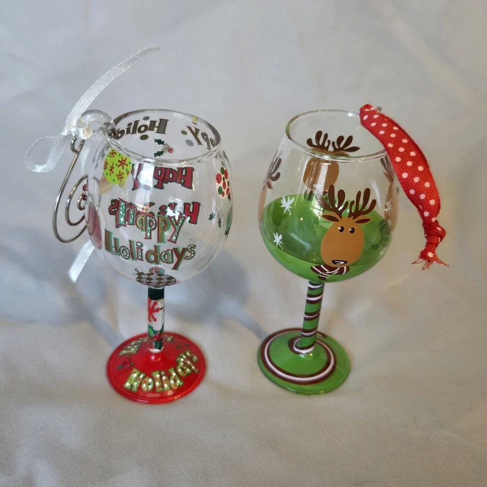 Lolita Happy Holidays Mini Wine Glass Ornament Set Reindeer Christmas Lot of 2